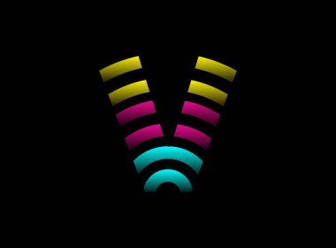 V harfi vektör desing, Cmyk renk yazı tipi logosu. Dinamik bölünmüş pembe, mavi, sarı renkli siyah arka plan. Sosyal medya, tasarım unsurları, yaratıcı poster, web şablonu    