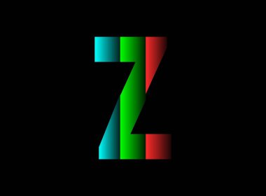 Z harfi vektör desing, rgb renk yazı tipi logosu. Dinamik bölünmüş kırmızı, yeşil, siyah arka planda mavi renk. Sosyal medya, tasarım unsurları, yaratıcı poster, web şablonu ve daha fazlası için
