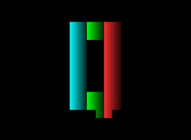 Q harfi vektör desing, rgb renk yazı tipi logosu. Dinamik bölünmüş kırmızı, yeşil, siyah arka planda mavi renk. Sosyal medya, tasarım unsurları, yaratıcı poster, web şablonu ve daha fazlası için
