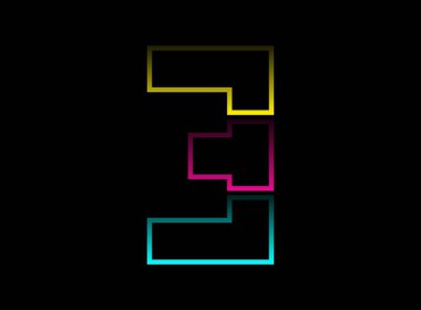 3 sayı vektörü desing, Cmyk renk yazı tipi logosu. Dinamik bölünmüş mavi, pembe, sarı renkli siyah arkaplan. Sosyal medya, tasarım unsurları, yaratıcı poster, web şablonu ve daha fazlası için
