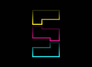 5 sayı vektörü desing, Cmyk renk yazı tipi logosu. Dinamik bölünmüş mavi, pembe, sarı renkli siyah arkaplan. Sosyal medya, tasarım unsurları, yaratıcı poster, web şablonu ve daha fazlası için