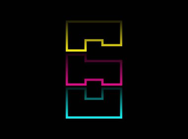 6 numara vektör desing, Cmyk renk yazı tipi logosu. Dinamik bölünmüş mavi, pembe, sarı renkli siyah arkaplan. Sosyal medya, tasarım unsurları, yaratıcı poster, web şablonu ve daha fazlası için