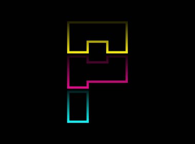 P harfi vektör desing, Cmyk renk yazı tipi logosu. Dinamik bölünmüş mavi, pembe, sarı renkli siyah arkaplan. Sosyal medya, tasarım unsurları, yaratıcı poster, web şablonu ve daha fazlası için      