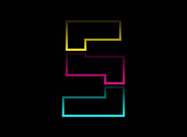 S harfi vektör desing, Cmyk renk yazı tipi logosu. Dinamik bölünmüş mavi, pembe, sarı renkli siyah arkaplan. Sosyal medya, tasarım unsurları, yaratıcı poster, web şablonu ve daha fazlası için