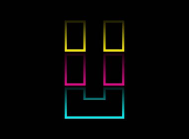 U harfi vektör desing, Cmyk renk yazı tipi logosu. Dinamik bölünmüş mavi, pembe, sarı renkli siyah arkaplan. Sosyal medya, tasarım unsurları, yaratıcı poster, web şablonu ve daha fazlası için