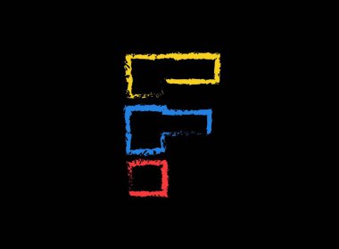F harfi el yazısı vektör desing, fırça yazı tipi logosu. Siyah arka planda mavi, kırmızı, sarı renk. Sosyal medya, tasarım unsurları, yaratıcı poster, web şablonu ve daha fazlası için  