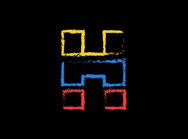 H harfi el yazısı vektör desing, fırça yazı tipi logosu. Siyah arka planda mavi, kırmızı, sarı renk. Sosyal medya, tasarım unsurları, yaratıcı poster, web şablonu ve daha fazlası için  