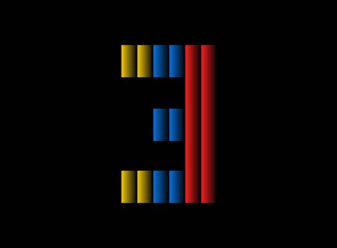 3 numara vektör desing, renk yazı tipi logosu. Dinamik bölünmüş kırmızı, mavi, sarı renk siyah arka planda. Sosyal medya, tasarım unsurları, yaratıcı poster, web şablonu ve daha fazlası için