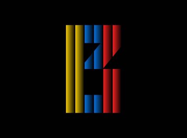 B harfi vektör desing, renk yazı tipi logosu. Dinamik bölünmüş kırmızı, mavi, sarı renk siyah arka planda. Sosyal medya, tasarım unsurları, yaratıcı poster, web şablonu ve daha fazlası için