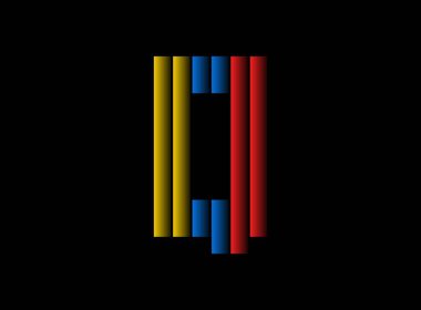 Q harfi vektör desing, renk yazı tipi logosu. Dinamik bölünmüş kırmızı, mavi, sarı renk siyah arka planda. Sosyal medya, tasarım unsurları, yaratıcı poster, web şablonu ve daha fazlası için