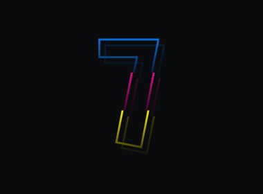 7 numara yazı tipi, vektör desing logosu. Dinamik, bölünmüş renk, mavi, pembe, siyah arka planda sarı. Eps10 illüstrasyon