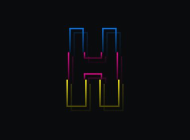 H harfi yazı tipi, vektör ayırma logosu. Dinamik, bölünmüş renk, mavi, pembe, siyah arka planda sarı. Eps10 illüstrasyon