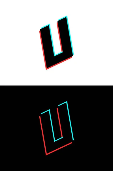 U文字のフォントはグリッチ ステレオエフェクトで作られています ダイナミック 分割赤と青の色 Djロゴ エレクトロミュージックポスター 明るいロゴなどのために ベクターイラスト — ストックベクタ