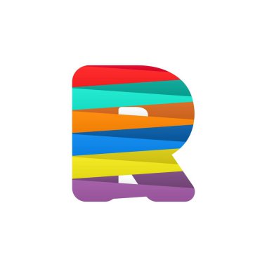 Renkli köşegen çizgileri olan R harfi logosu. Marka etiketi, Renkli Yıldönümü Kutlaması, yaratıcı poster ve simge, multimedya reklamları ve daha fazlası için