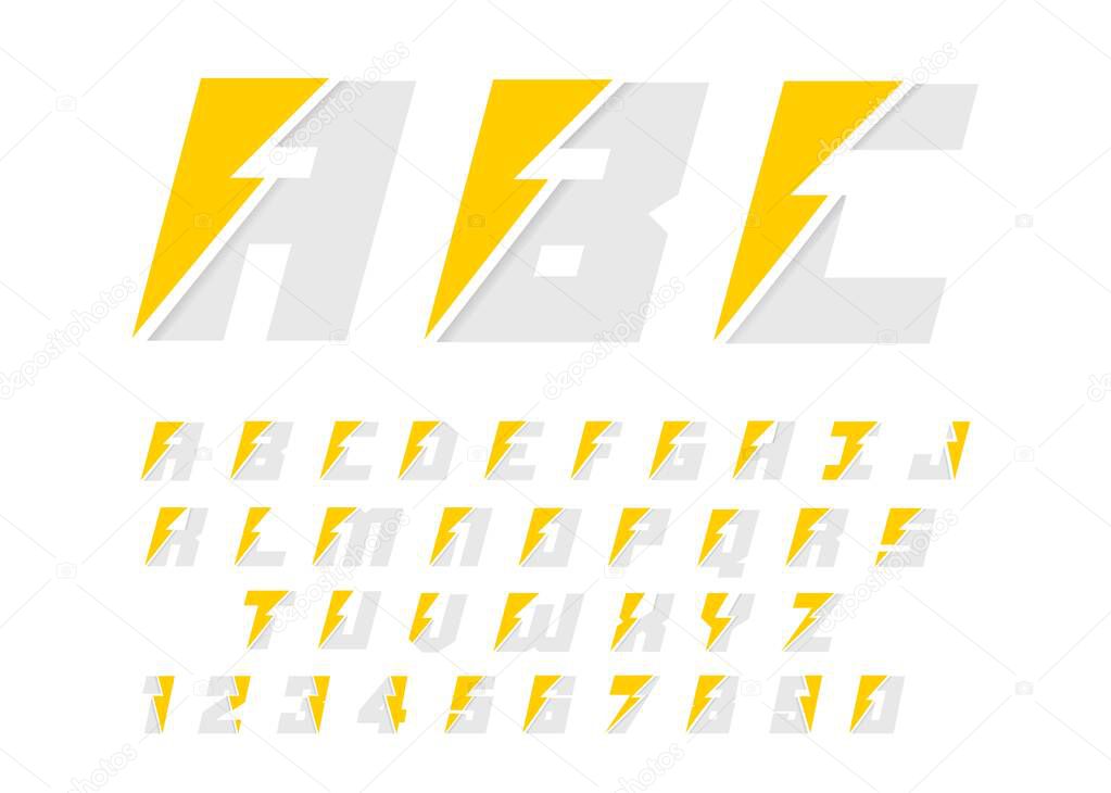 Set of number and letter font alphabet with lightning flash power icon