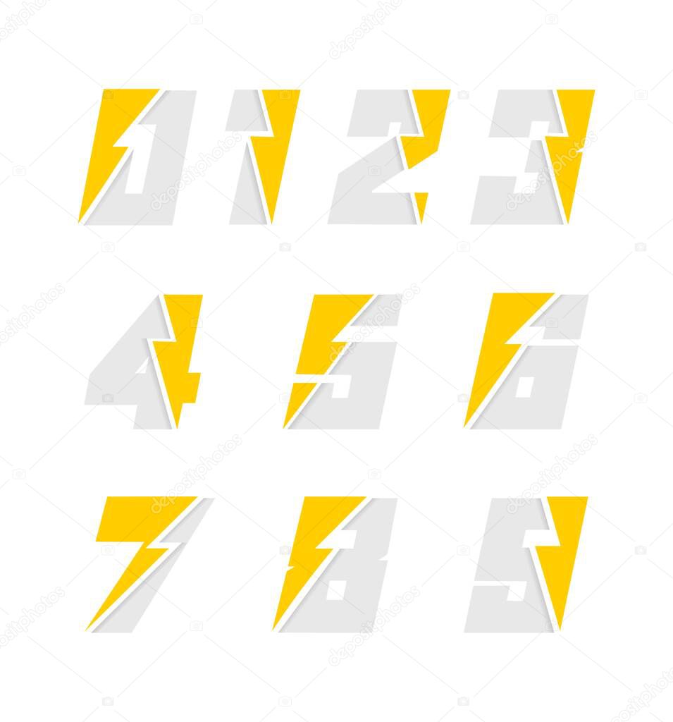 Set of number with lightning flash power icon