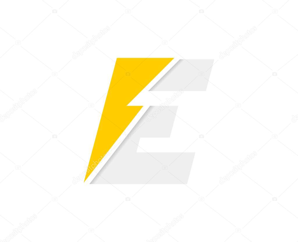 E letter logo, vector font with lightning flash power icon