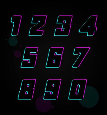 Vector number set, trendy colors neon font. For dark night theme, vibrant identity, techno design, app logo and more