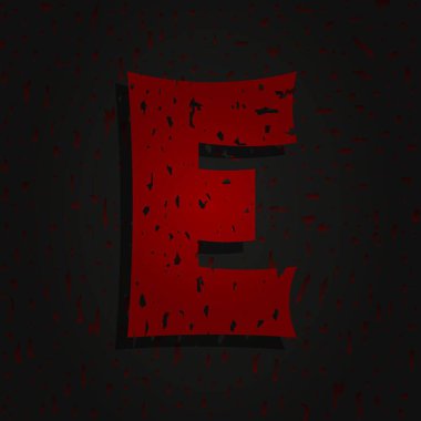 E vektör dehşeti, korkunç harf. Çılgınca korku kanlı arka planda acımasız yazı tipi. Suç ya da suç için, korku dolu karanlık gece, korkunç tasarım ve daha fazlası için.