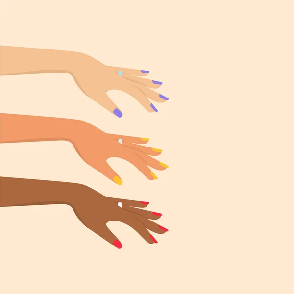 Group of women arms and hands. Racial equality. Making proposal. Rings with diamonds. — Stockvektor