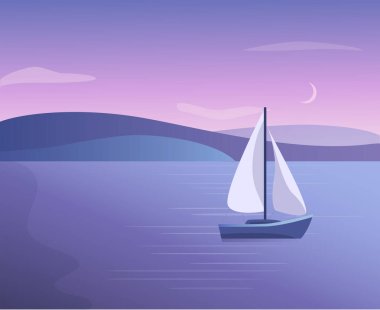 Göl, deniz ve teknesi olan vektör eğimli manzara
