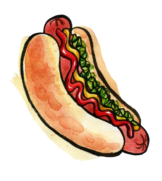 Hot Dog with mustard, ketchup and green relish — Stock Photo, Image