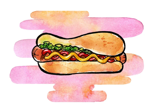 Hot Dog con mostaza, ketchup y sabor verde —  Fotos de Stock