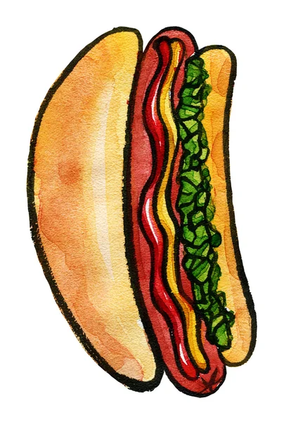 Hot Dog con mostaza, ketchup y sabor verde —  Fotos de Stock