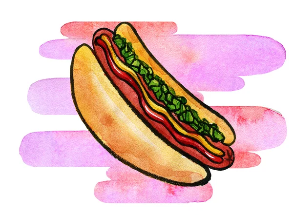 Hot Dog z musztarda, keczup i zielony smaczek — Zdjęcie stockowe