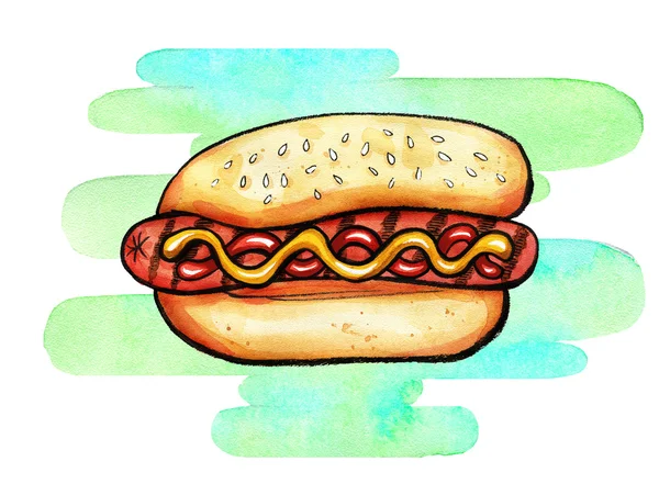 Hot Dog with mustard, ketchup and grill marks — Zdjęcie stockowe