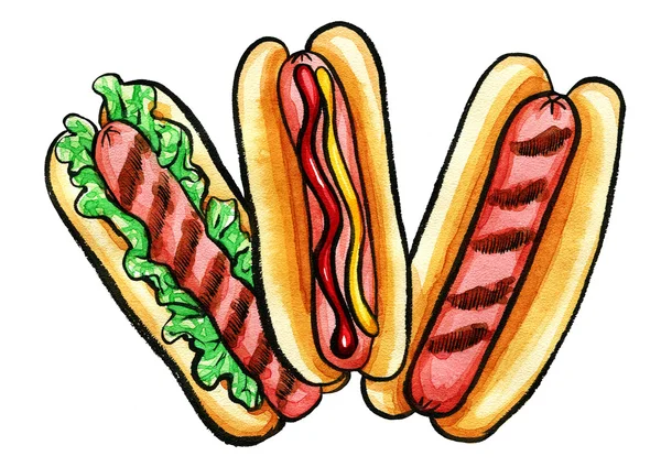 Hot Dogs mit Senf, Ketchup und grünem Relish — Stockfoto