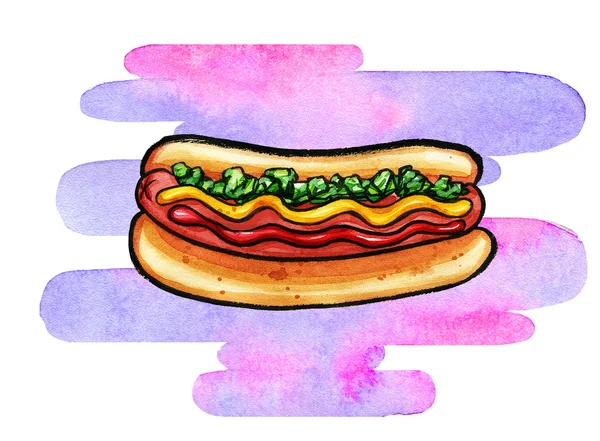 Hot Dog z musztarda, keczup i zielony smaczek — Zdjęcie stockowe