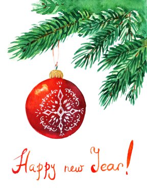 Suluboya kırmızı Noel top yaprak dökmeyen şubesi ile
