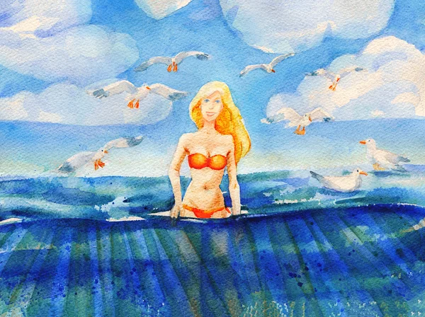 Schöne blonde Mädchen im Badeanzug steht im blauen Ozean — Stockfoto