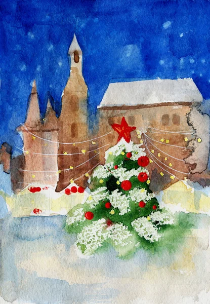 Árvore de Natal na cidade aquarela pintura — Fotografia de Stock