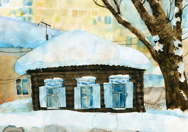 Winter watercolor painting with old wooden house in snow — Stock Photo, Image