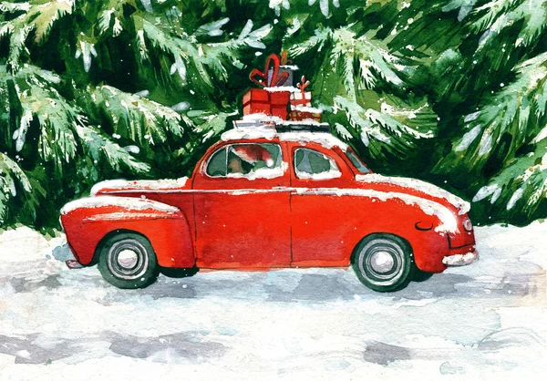 Rode auto met de giften van Kerstmis in het groene woud — Stockfoto