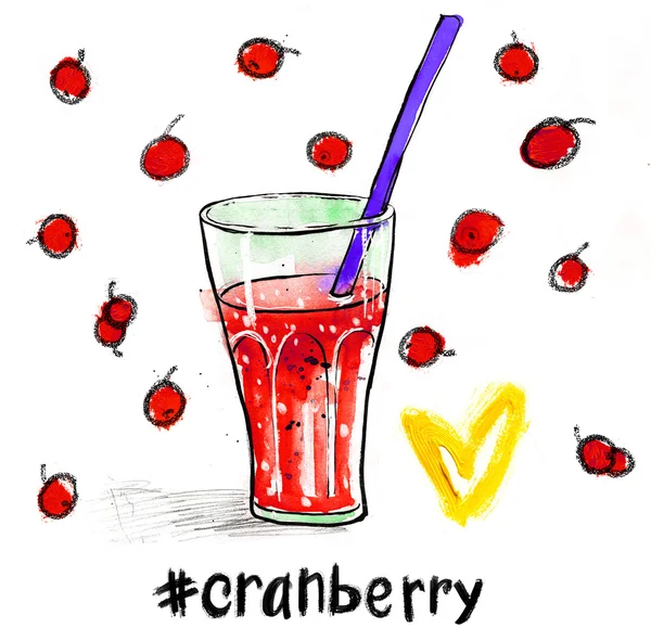 水彩插图与一杯红莓汁 — 图库照片