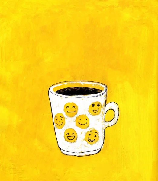 Taza de café pintada sobre fondo acrílico amarillo —  Fotos de Stock