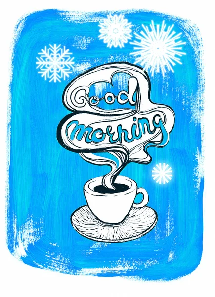 White coffee cup on painted blue acrylic background with snowfla — Stockfoto