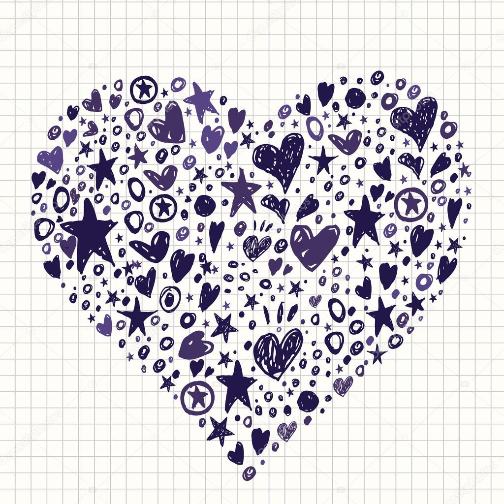 Abstract Background with Hearts and Stars Shapes. Hand Drawin scribble illustration.