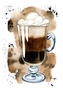 Layered mocha coffee with foam on pastel brown splattered watercolor background clipart