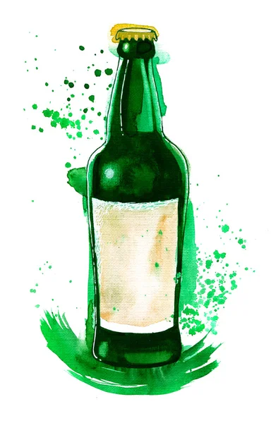 Imagen en acuarela de botella de cerveza verde con salpicaduras y gotas aisladas en blanco —  Fotos de Stock