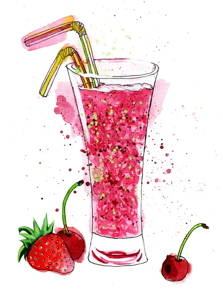 Watercolor Painting with glass of fruit smoothie — Stock Photo, Image