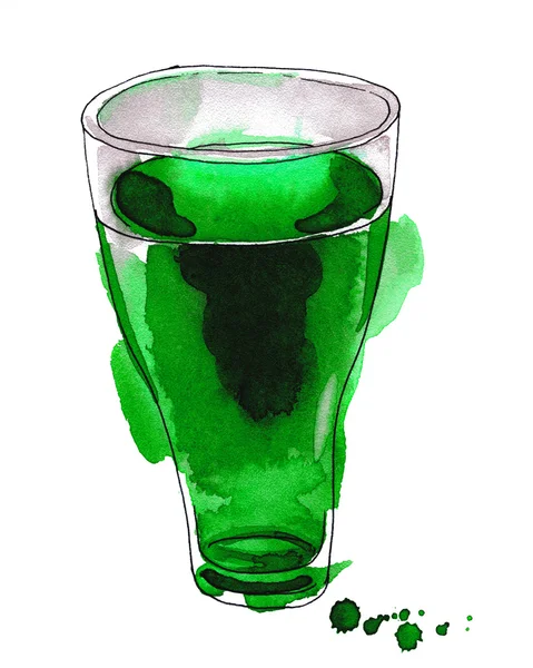Akwarela malarstwo z szklanką soku zielony — Zdjęcie stockowe