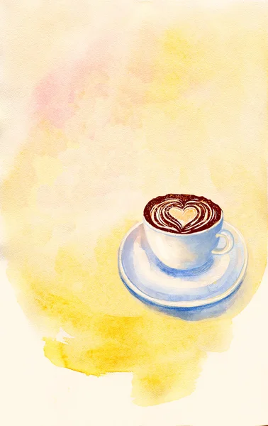 Gelbe Aquarell-Vorlage Hintergrund mit einer Tasse Kaffee — Stockfoto