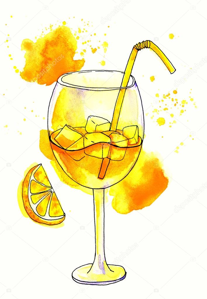 Watercolor Painting with refreshing glass of yellow juice — Stock Photo