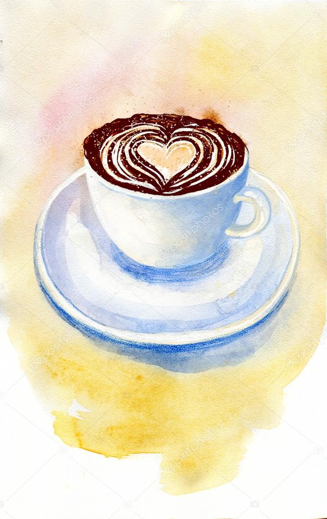 Coffee cup with heart foam on pastel yellow watercolor background