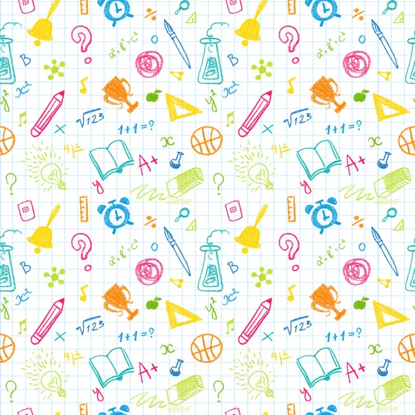 Hand Drawn Chalk School Doodled Pattern on White Checkered Background — Stock Photo, Image