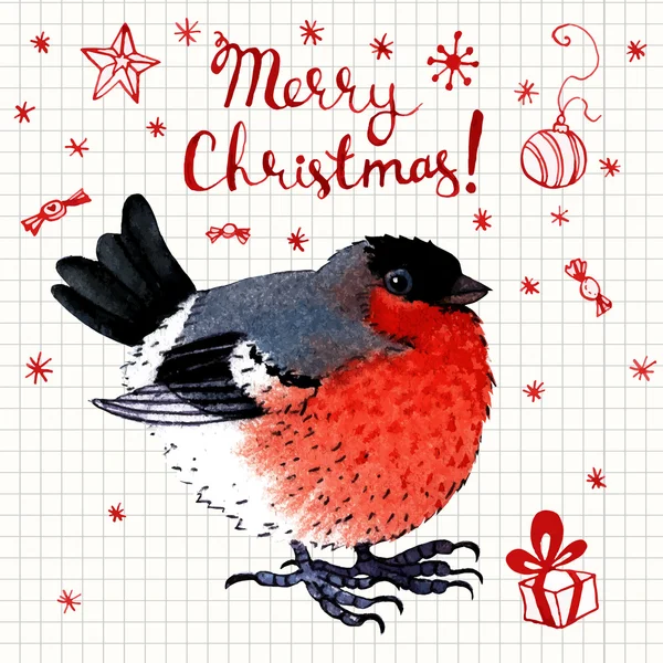 Vector watercolor  Merry Christmas greeting card with bird — Stock Vector